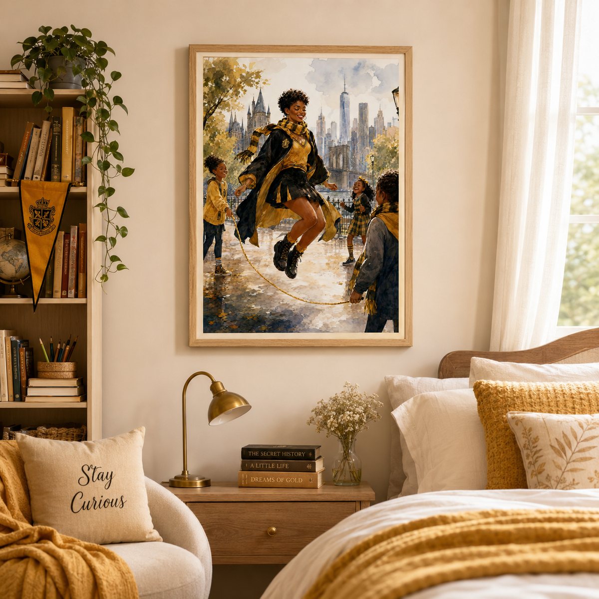 Magical Yellow Academy Black Woman Scholar with the Joy of the NYC Skyline – Watercolor Painting, image 2