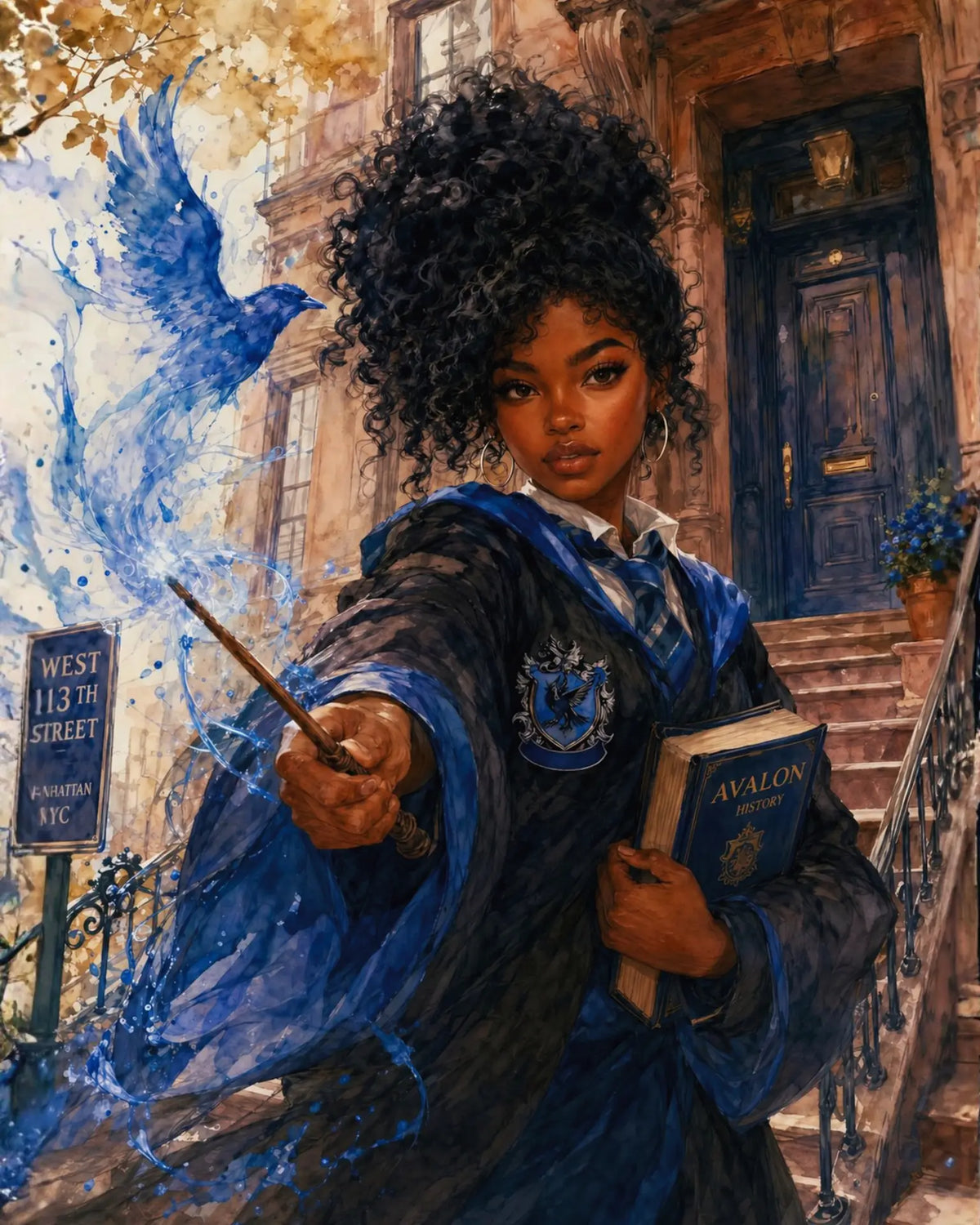 Magical Blue Academy Black Woman Scholar with NYC Flair – Watercolor Painting, image 4