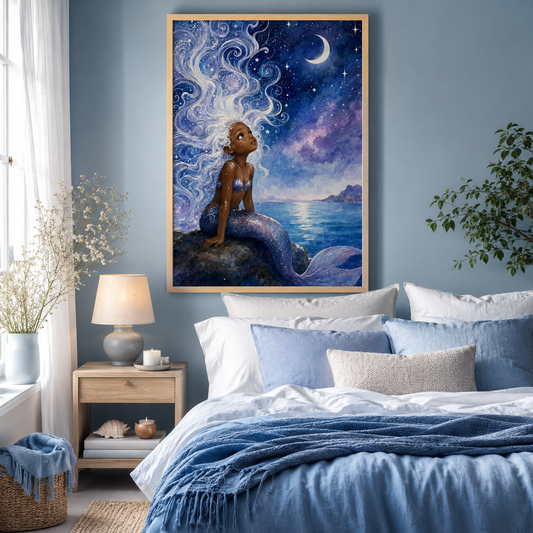 Black Mermaid Wall Art Of Young Mermaid Under the Moonlight, image 2