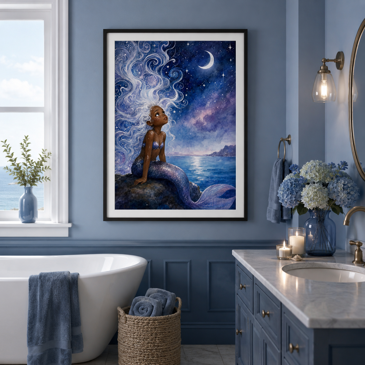 Black Mermaid Wall Art Of Young Mermaid Under the Moonlight, image 6