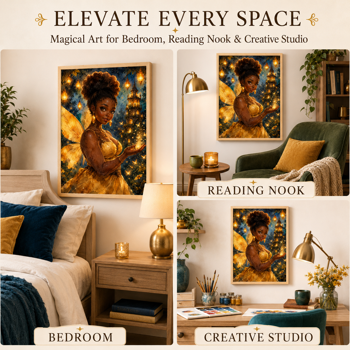 Golden Black Fairy Wall Art In Watercolor Fantasy Print, image 6