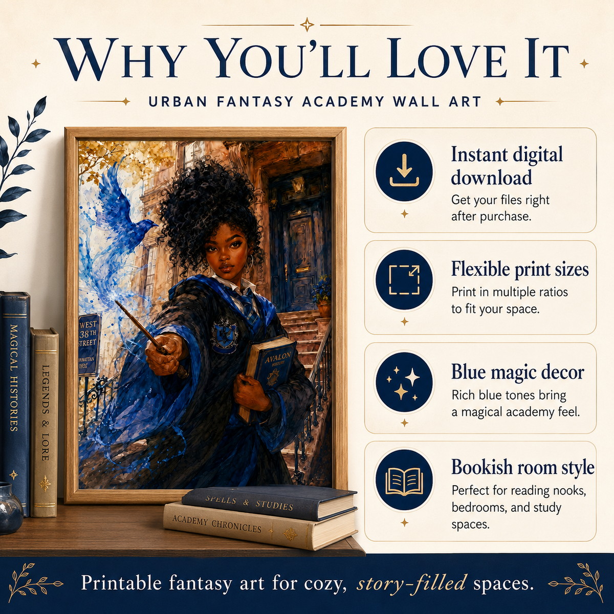 Magical Blue Academy Black Woman Scholar with NYC Flair – Watercolor Painting, image 8