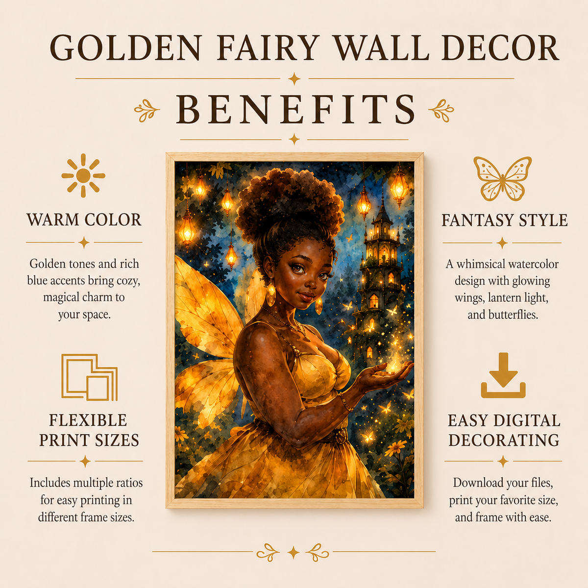 Golden Black Fairy Wall Art In Watercolor Fantasy Print, image 8