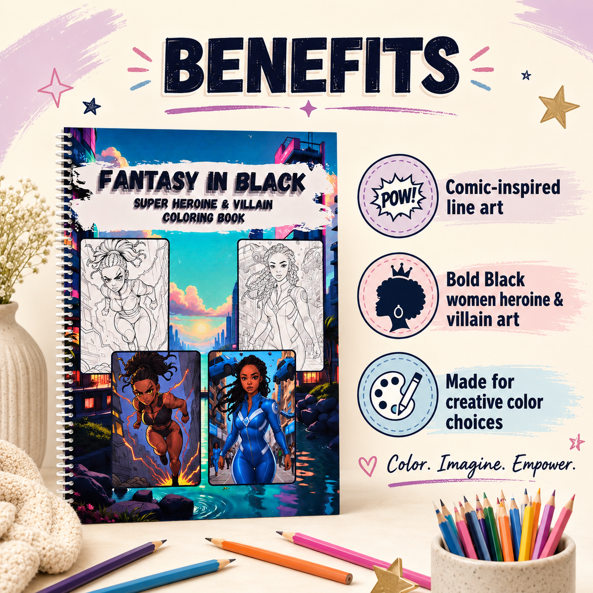 Fantasy In Black: Super Heroines and Villains Coloring Book, image 8