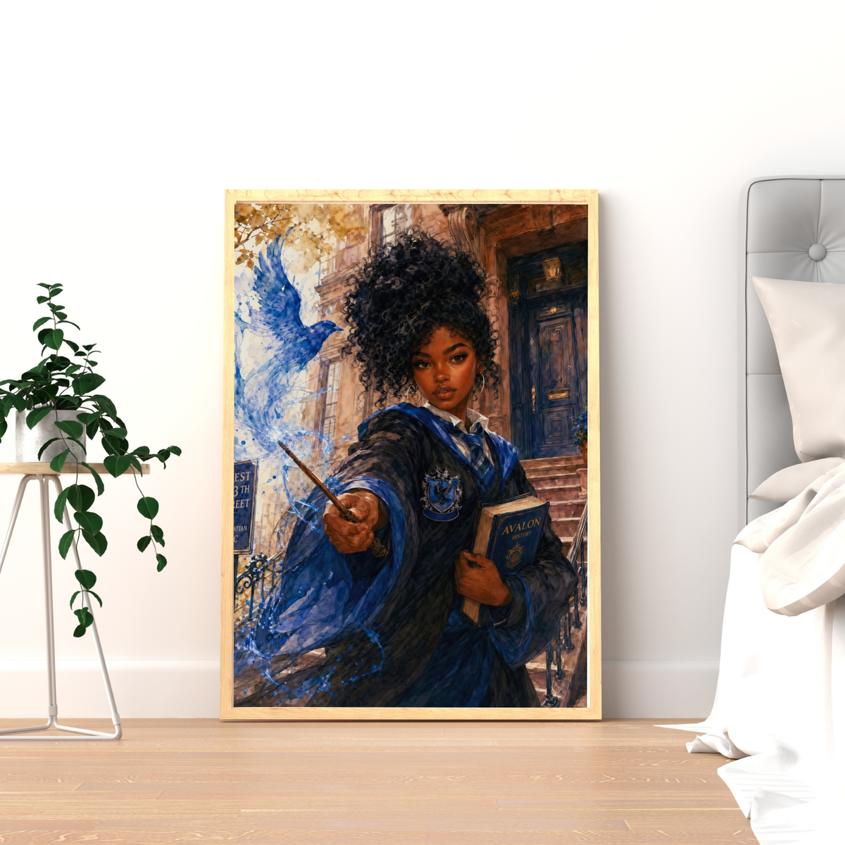 Magical Blue Academy Black Woman Scholar with NYC Flair – Watercolor Painting
