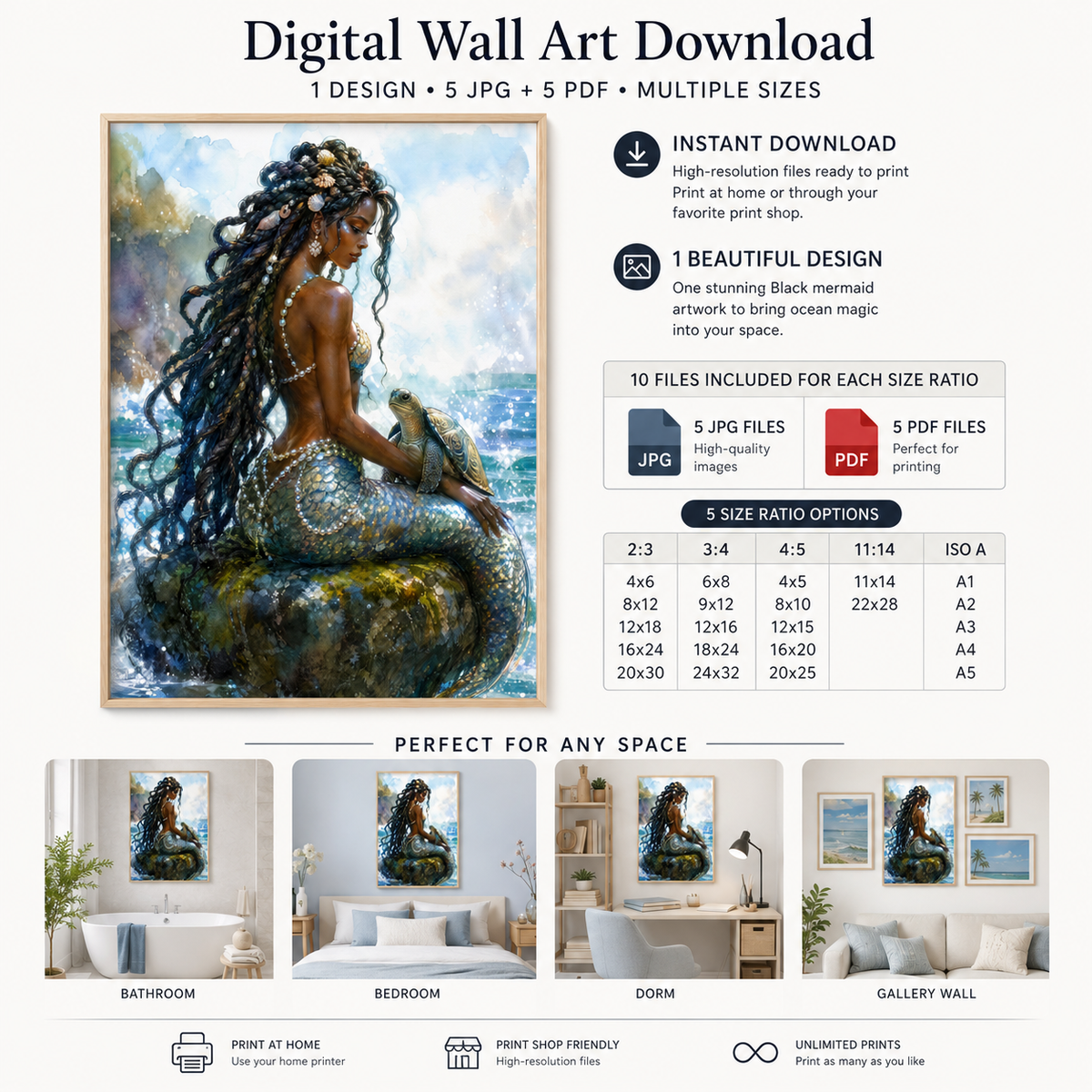Black Mermaid Wall Art for Coastal Decor, image 3