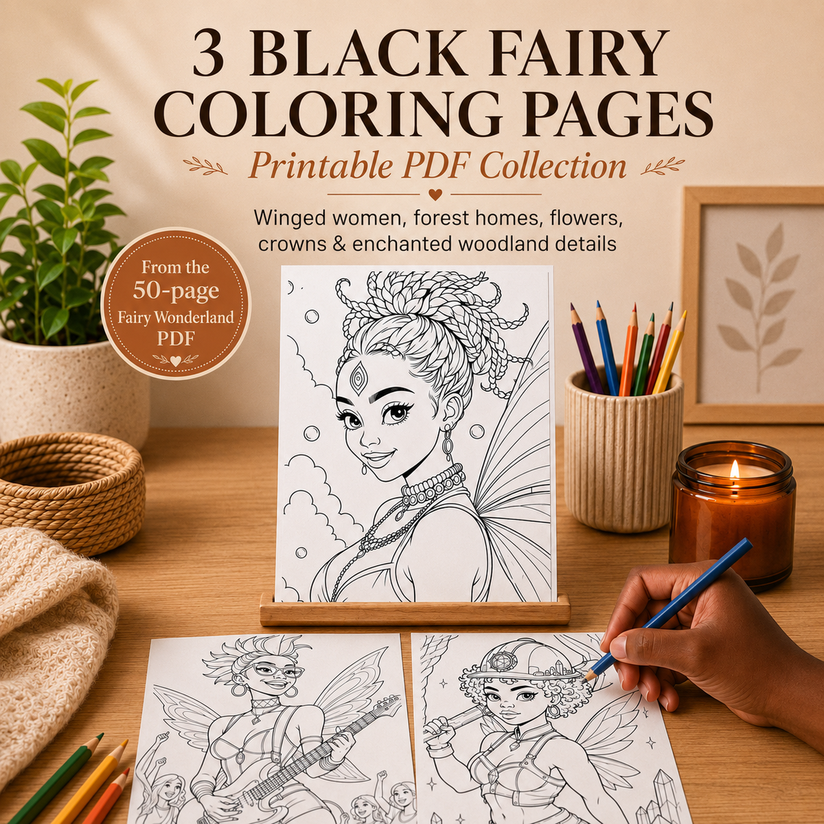 Black Fantasy Coloring Bundle, 120 Mermaid, Fairy and Superhero Printable Pages