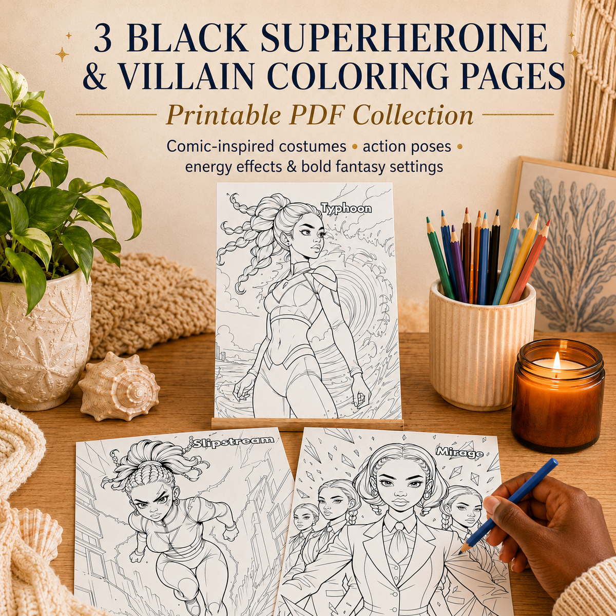 Black Fantasy Coloring Bundle, 120 Mermaid, Fairy and Superhero Printable Pages