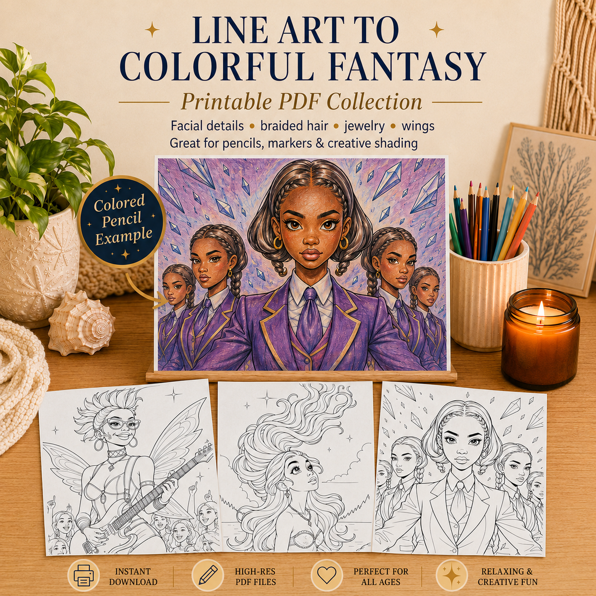 Black Fantasy Coloring Bundle, 120 Mermaid, Fairy and Superhero Printable Pages