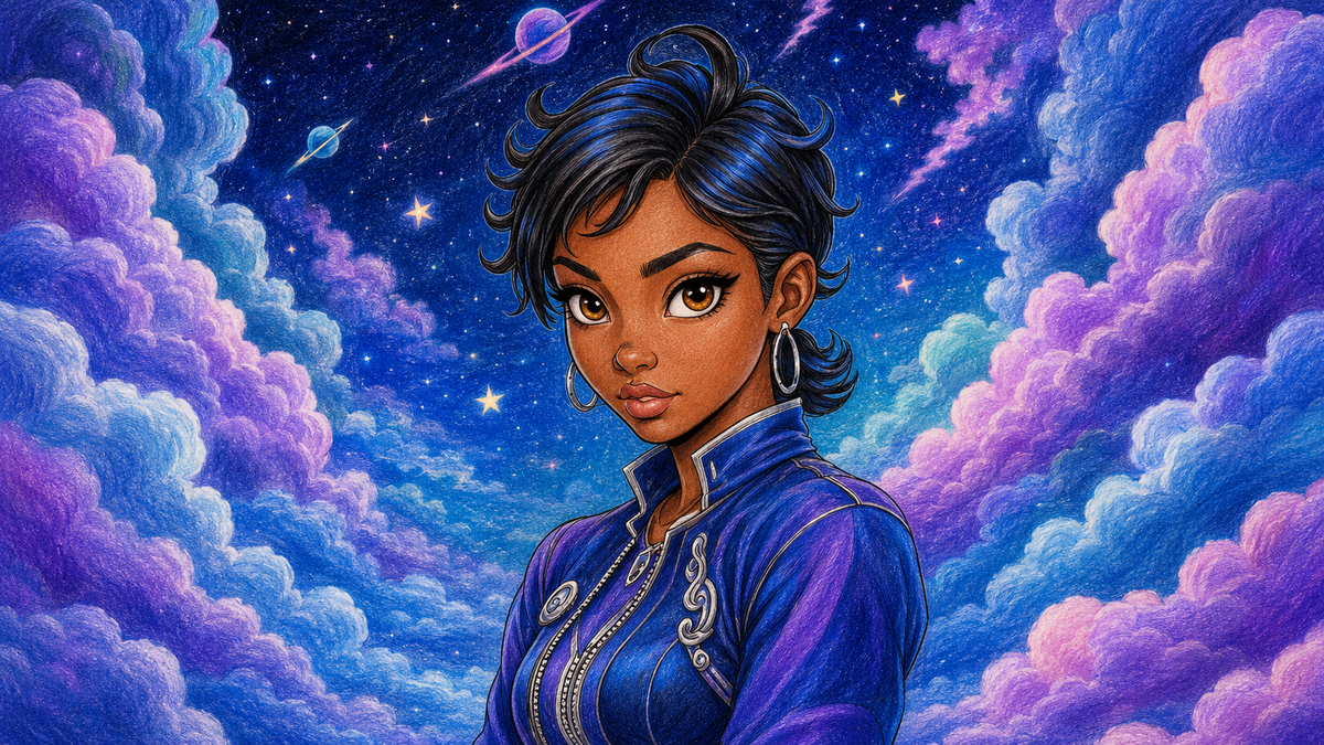 Digital illustration of a young woman with short dark hair wearing a blue embroidered top, set against a cosmic background of purple and blue clouds and stars.