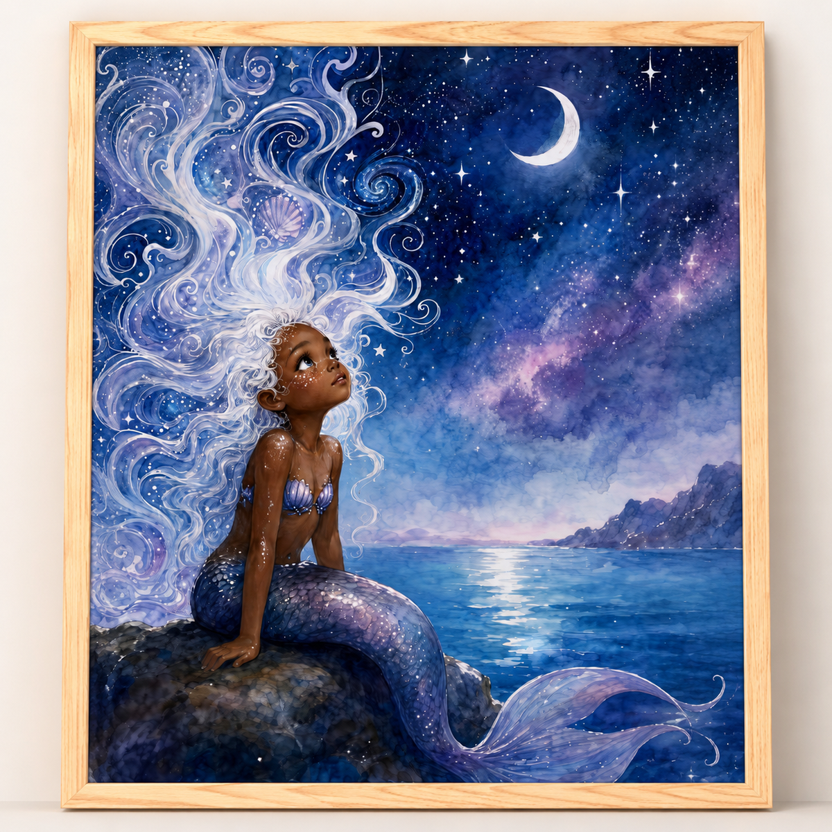 Black Mermaid Wall Art Of Young Mermaid Under the Moonlight, image 4