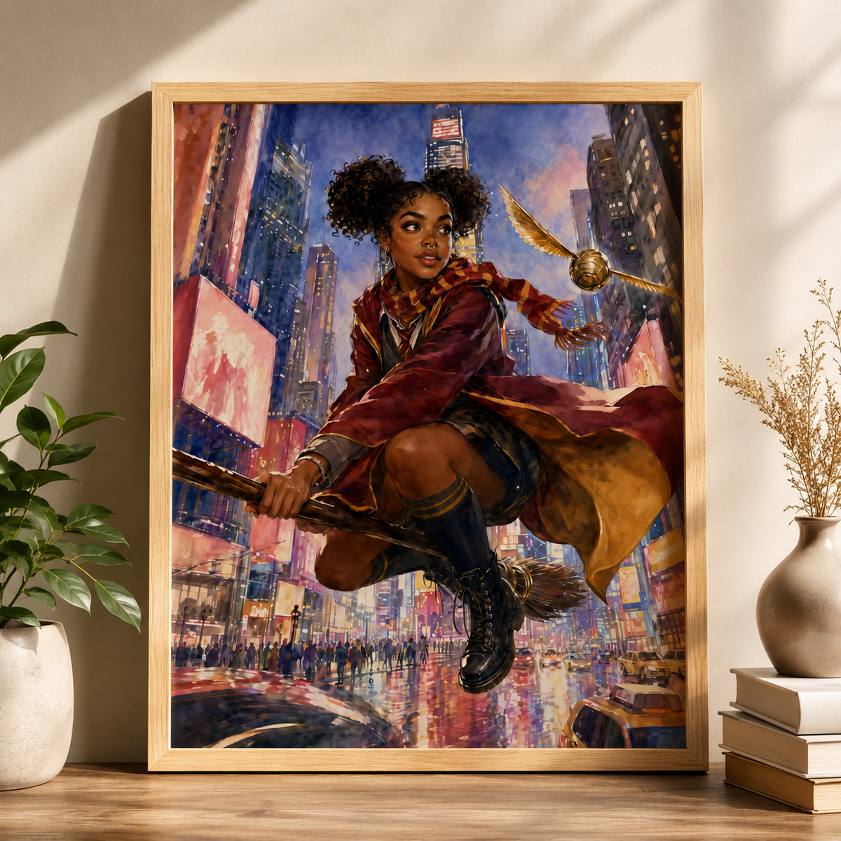 Magical Red Academy Black Woman Scholar with Time Square Magic – Watercolor Painting, image 4