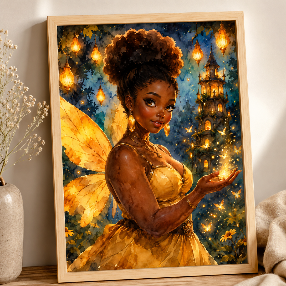 Golden Black Fairy Wall Art In Watercolor Fantasy Print, image 4