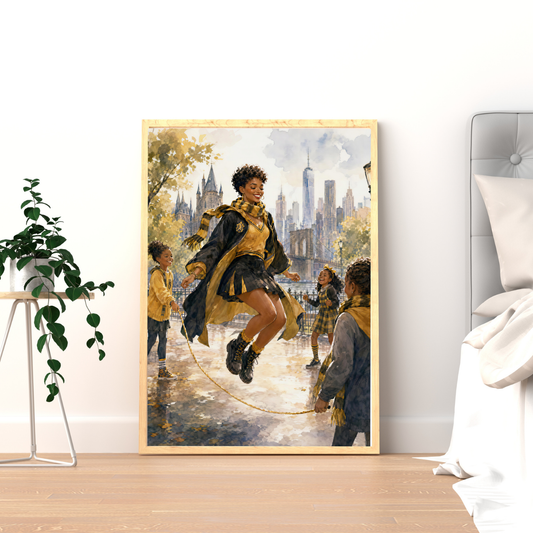 Magical Yellow Academy Black Woman Scholar with the Joy of the NYC Skyline – Watercolor Painting
