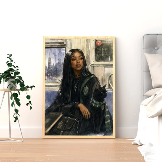 Black Woman Fantasy Wall Art With Cat, NYC Subway Print