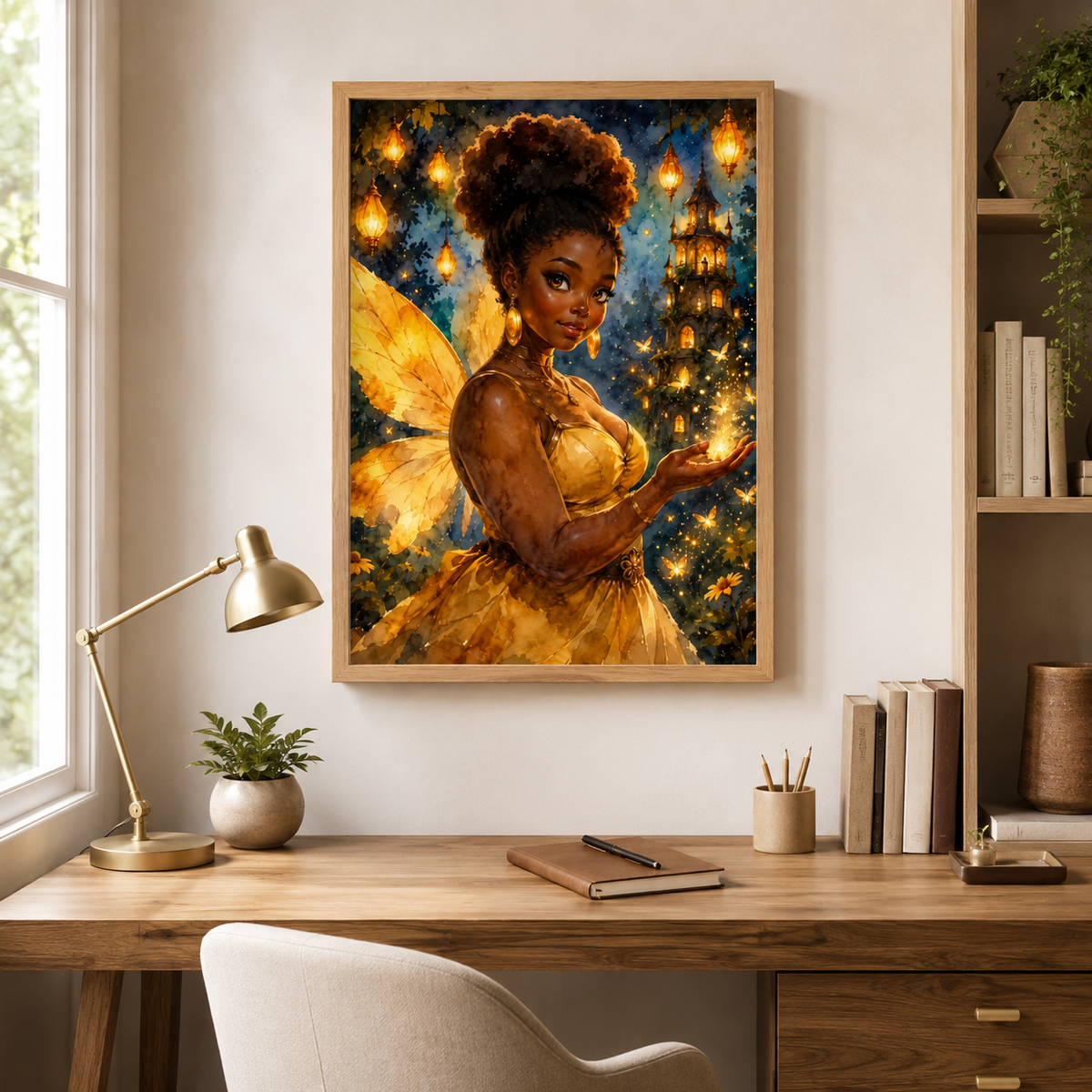 Golden Black Fairy Wall Art In Watercolor Fantasy Print, image 2
