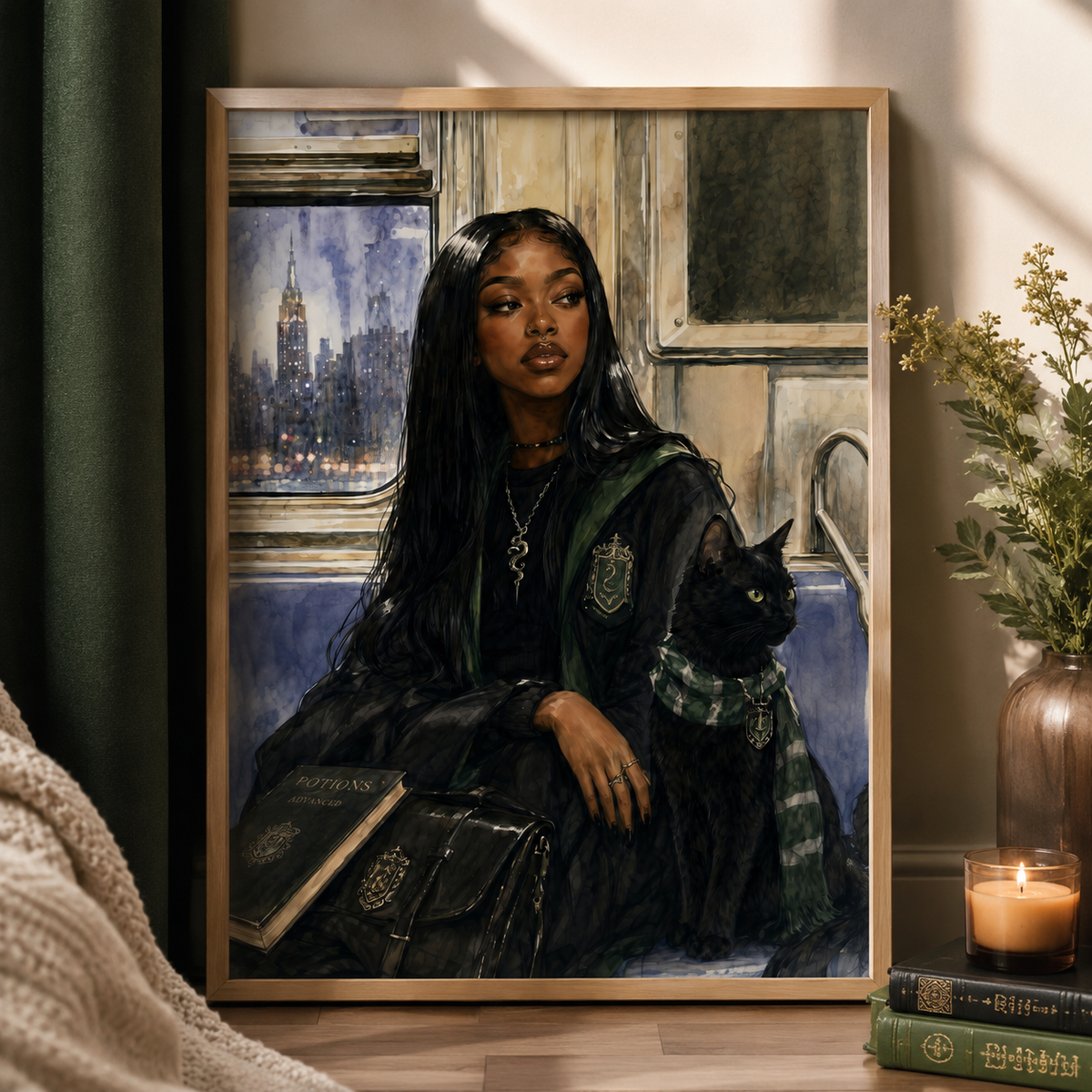 Black Woman Fantasy Wall Art With Cat, NYC Subway Print, image 4