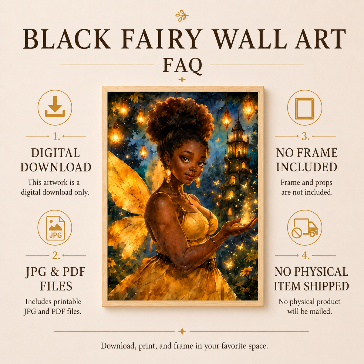 Golden Black Fairy Wall Art In Watercolor Fantasy Print, image 10