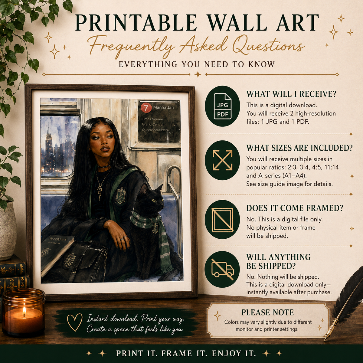 Black Woman Fantasy Wall Art With Cat, NYC Subway Print, image 9