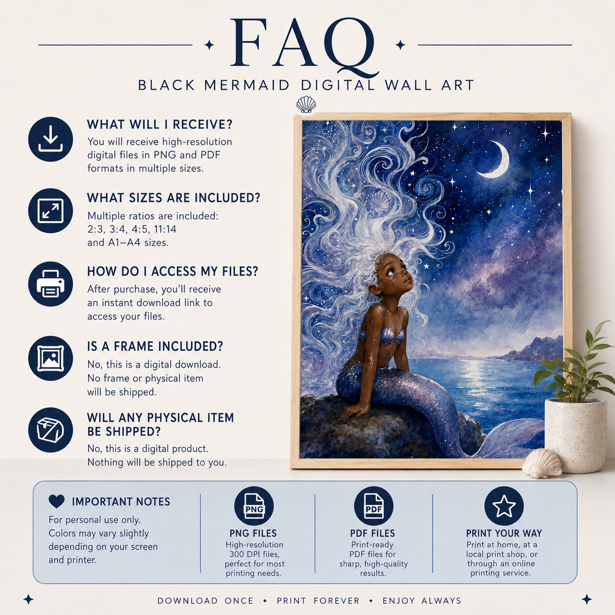 Black Mermaid Wall Art Of Young Mermaid Under the Moonlight, image 9