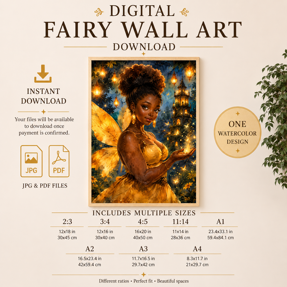 Golden Black Fairy Wall Art In Watercolor Fantasy Print, image 5
