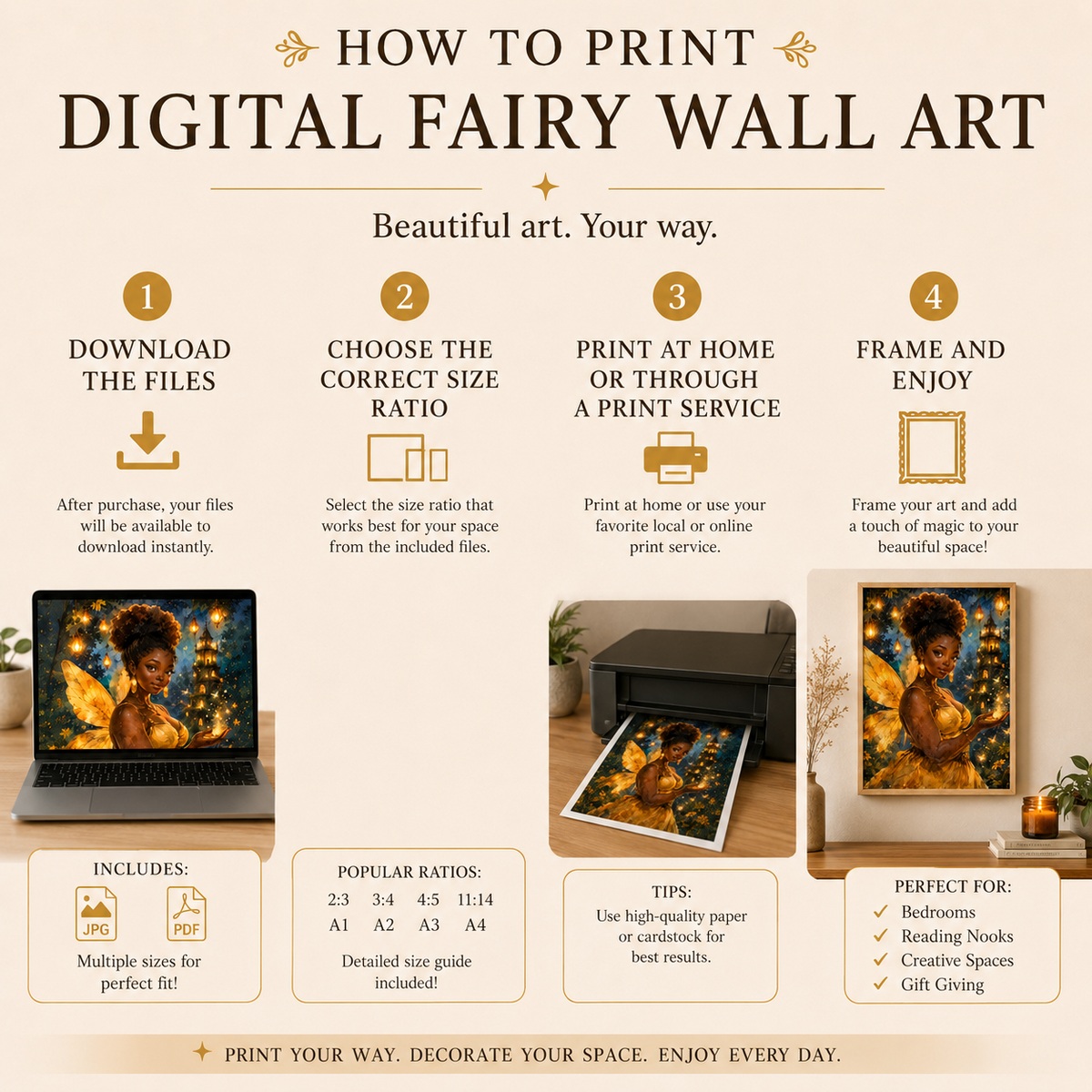 Golden Black Fairy Wall Art In Watercolor Fantasy Print, image 7