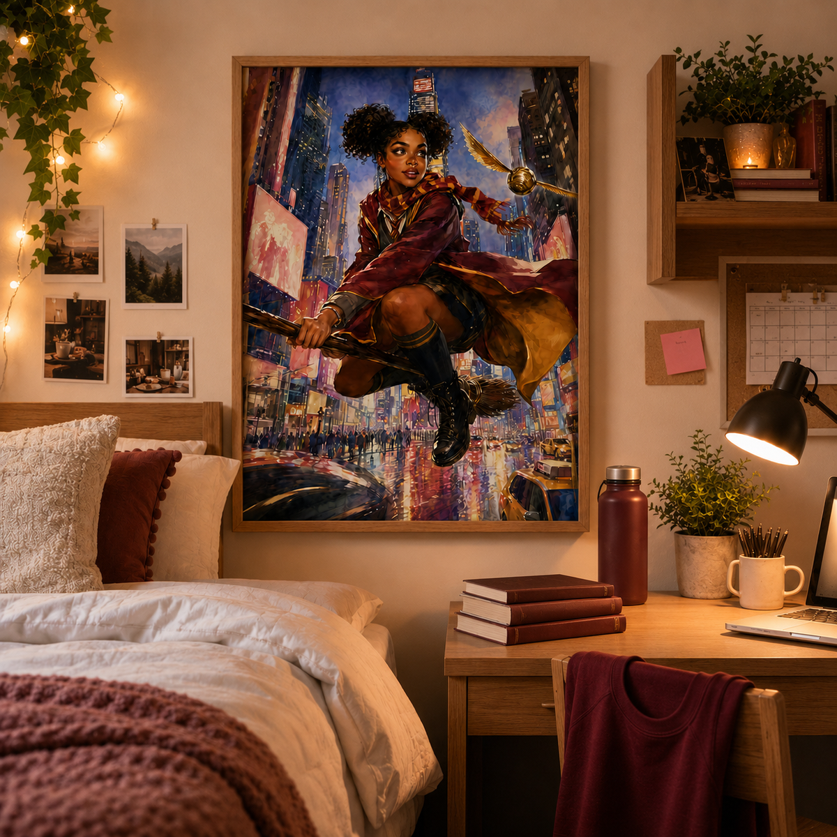 Magical Red Academy Black Woman Scholar with Time Square Magic – Watercolor Painting, image 2
