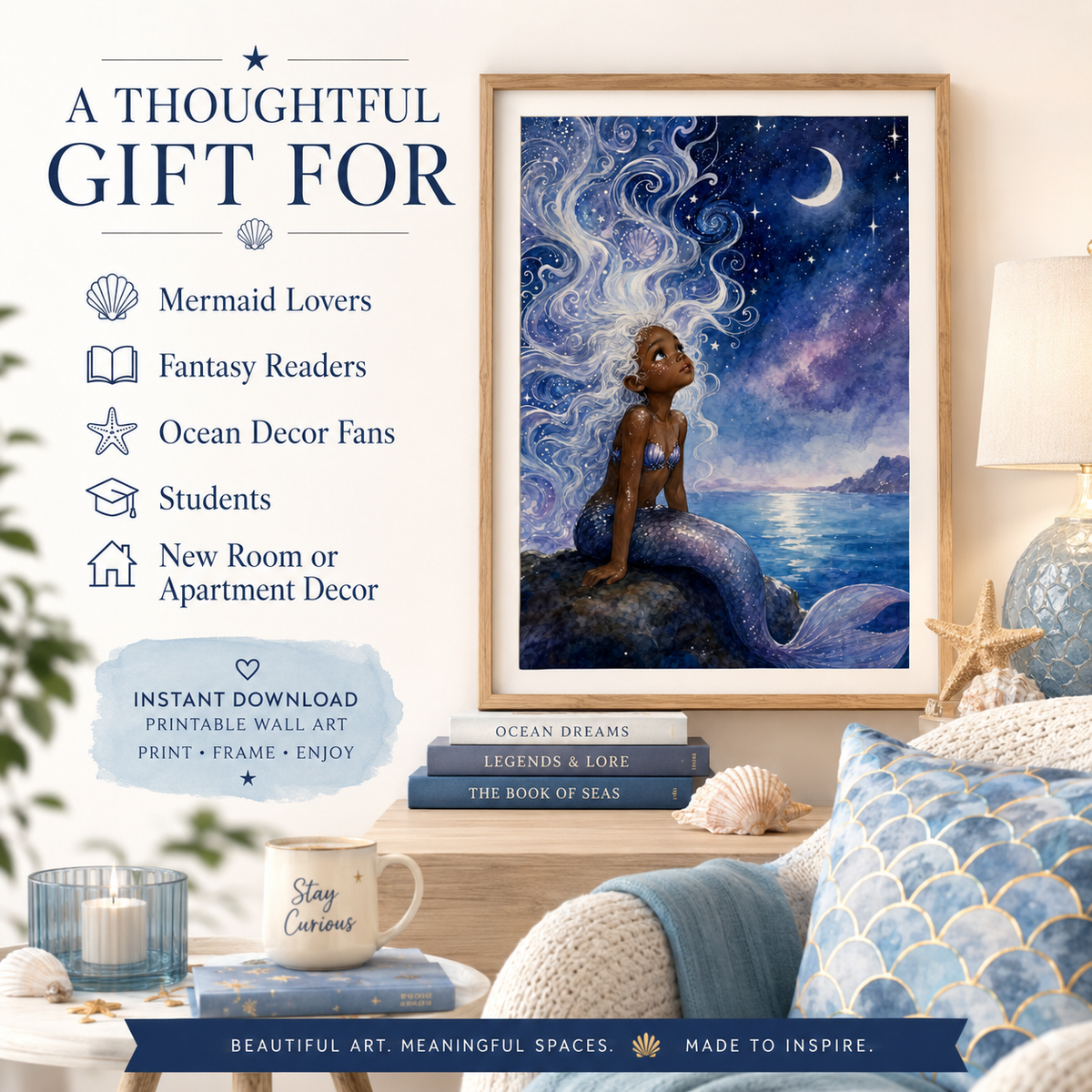 Black Mermaid Wall Art Of Young Mermaid Under the Moonlight, image 8