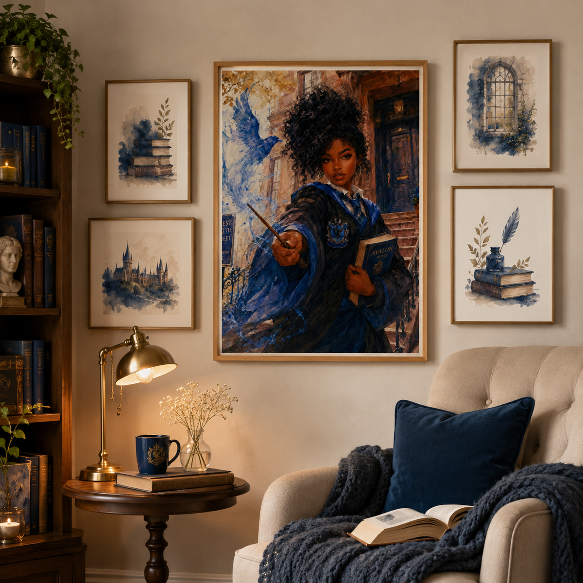 Magical Blue Academy Black Woman Scholar with NYC Flair – Watercolor Painting, image 6