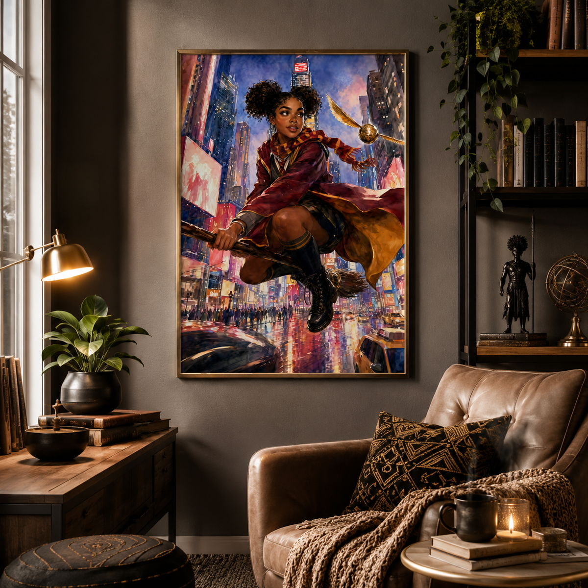Magical Red Academy Black Woman Scholar with Time Square Magic – Watercolor Painting, image 6