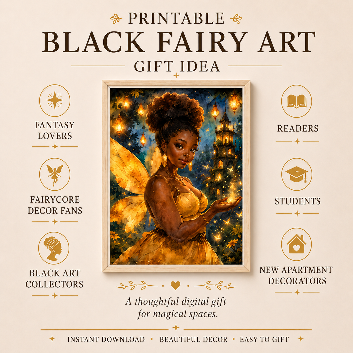 Golden Black Fairy Wall Art In Watercolor Fantasy Print, image 9