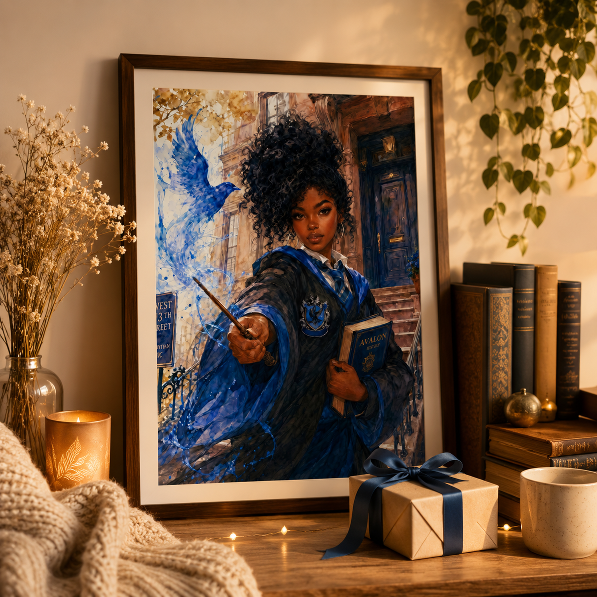 Magical Blue Academy Black Woman Scholar with NYC Flair – Watercolor Painting, image 9