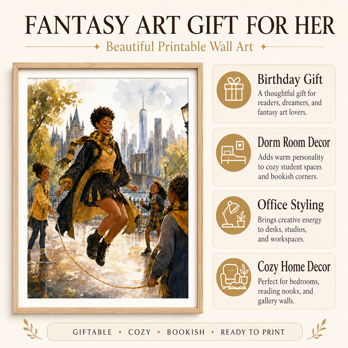 Magical Yellow Academy Black Woman Scholar with the Joy of the NYC Skyline – Watercolor Painting, image 8