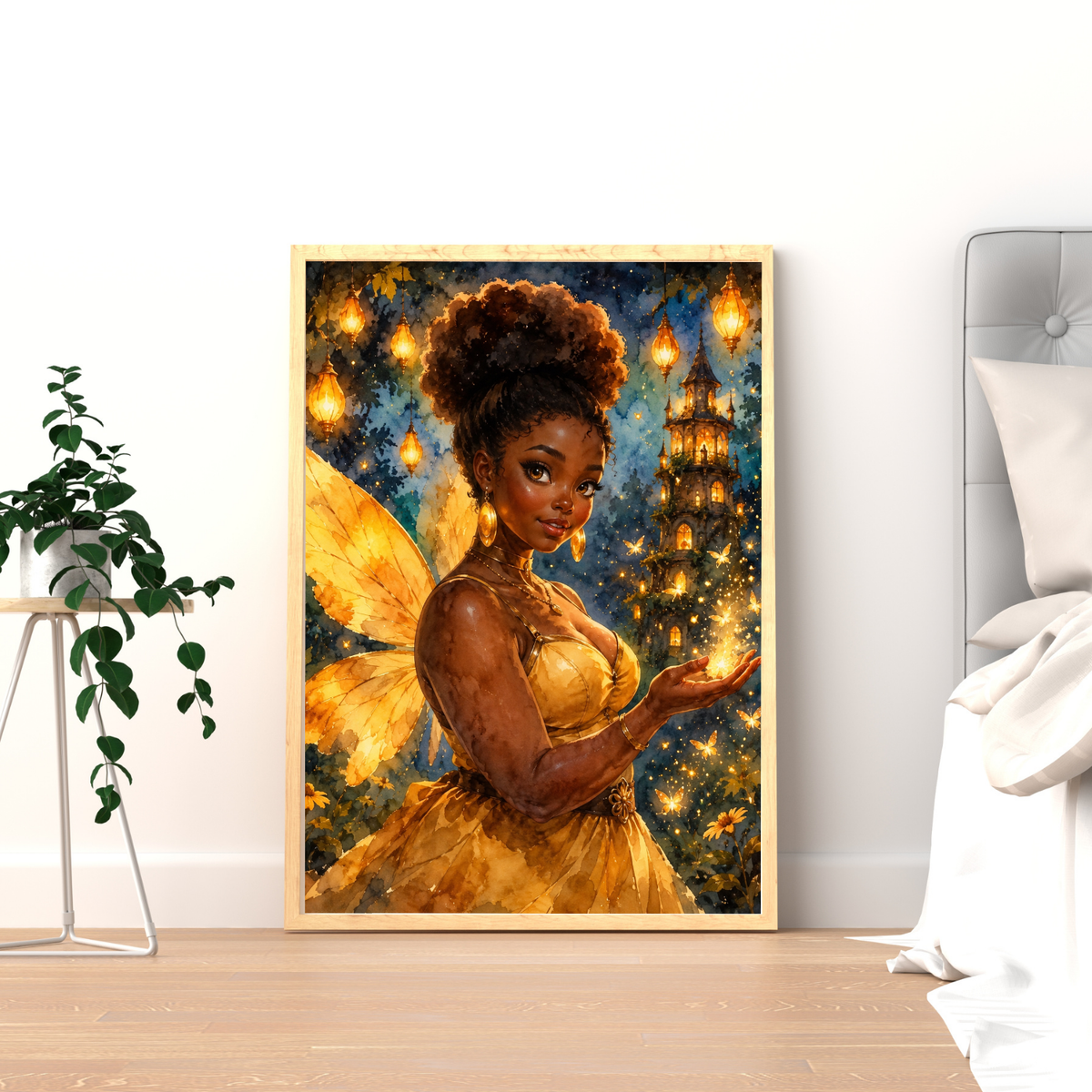 Golden Black Fairy Wall Art In Watercolor Fantasy Print