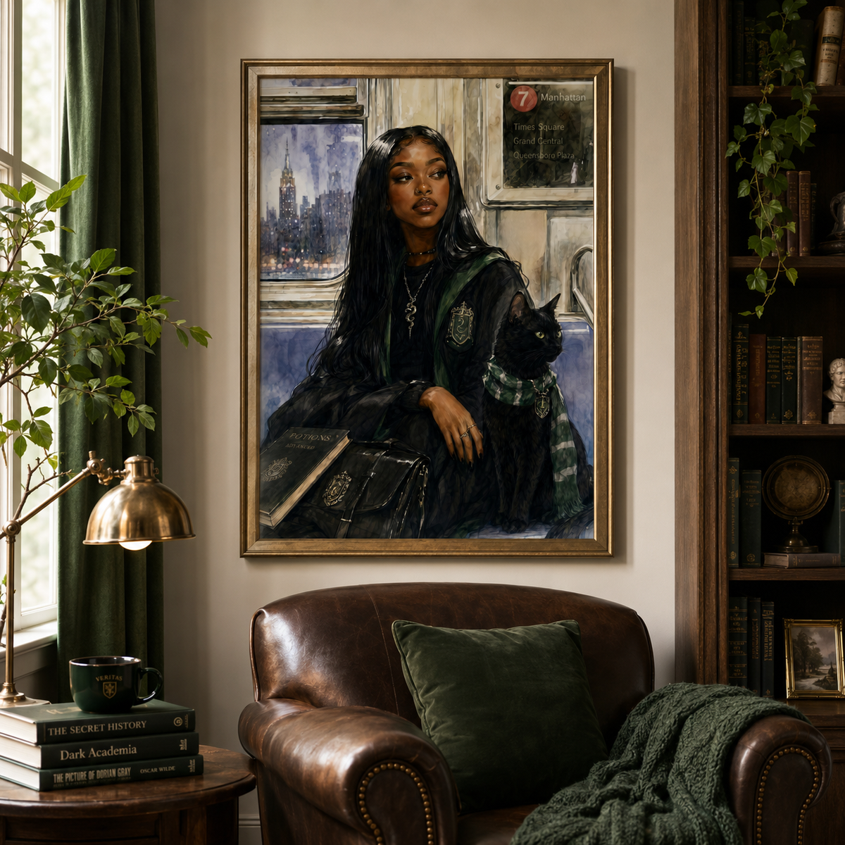 Black Woman Fantasy Wall Art With Cat, NYC Subway Print, image 2