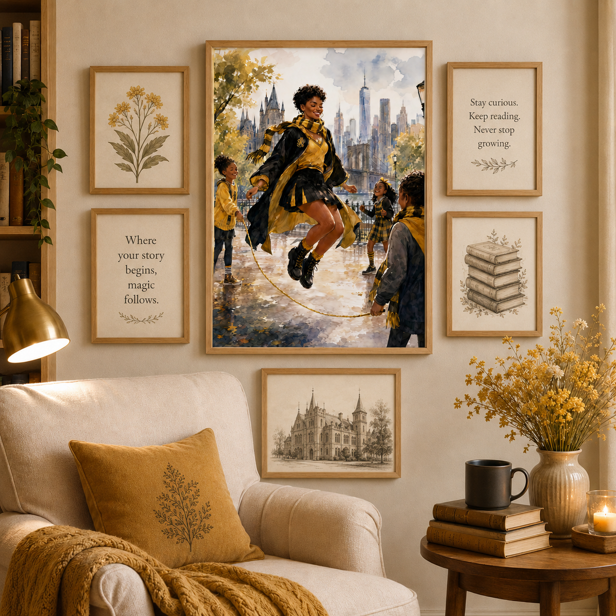 Magical Yellow Academy Black Woman Scholar with the Joy of the NYC Skyline – Watercolor Painting, image 6