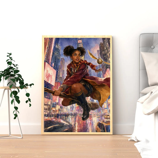 Magical Red Academy Black Woman Scholar with Time Square Magic – Watercolor Painting