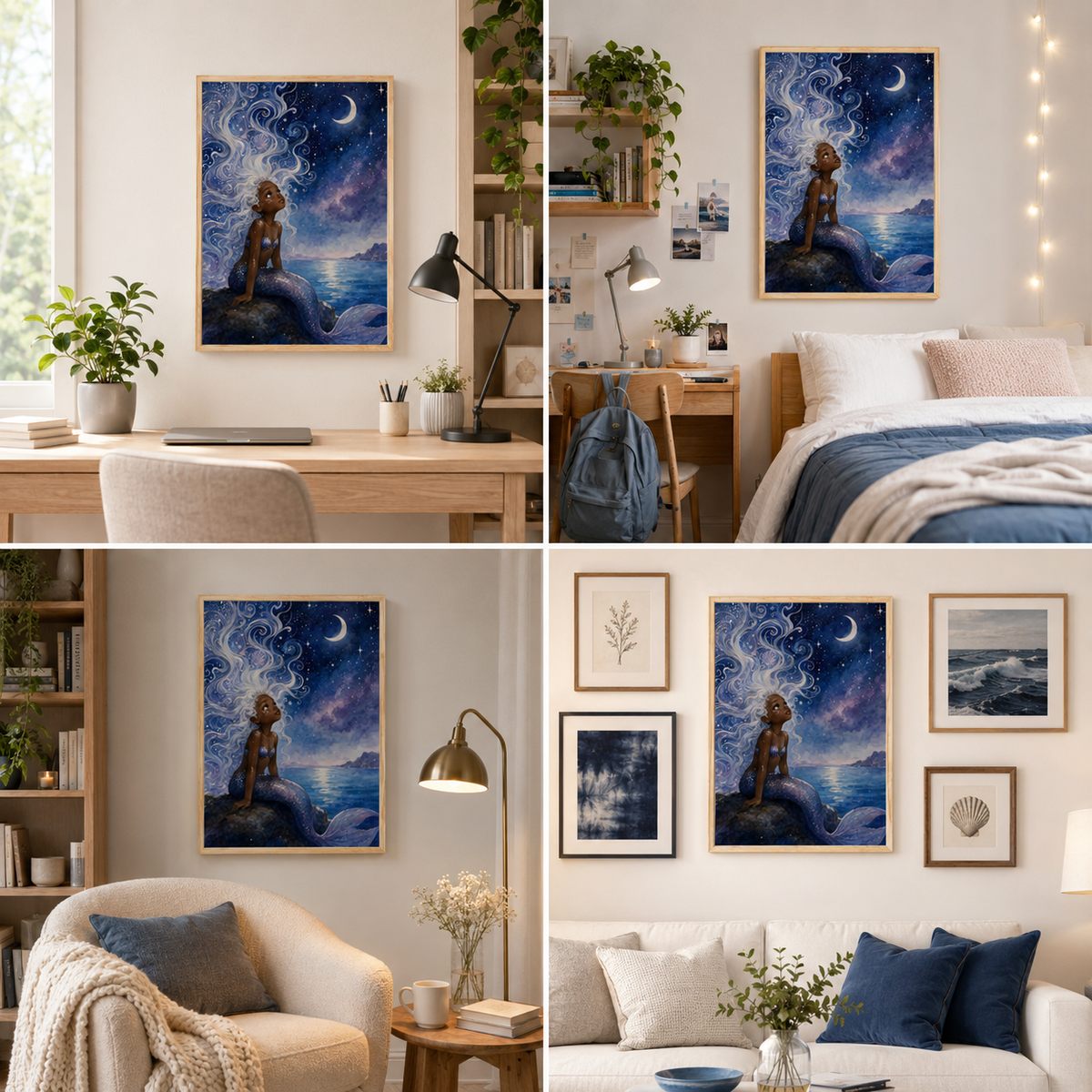 Black Mermaid Wall Art Of Young Mermaid Under the Moonlight, image 5