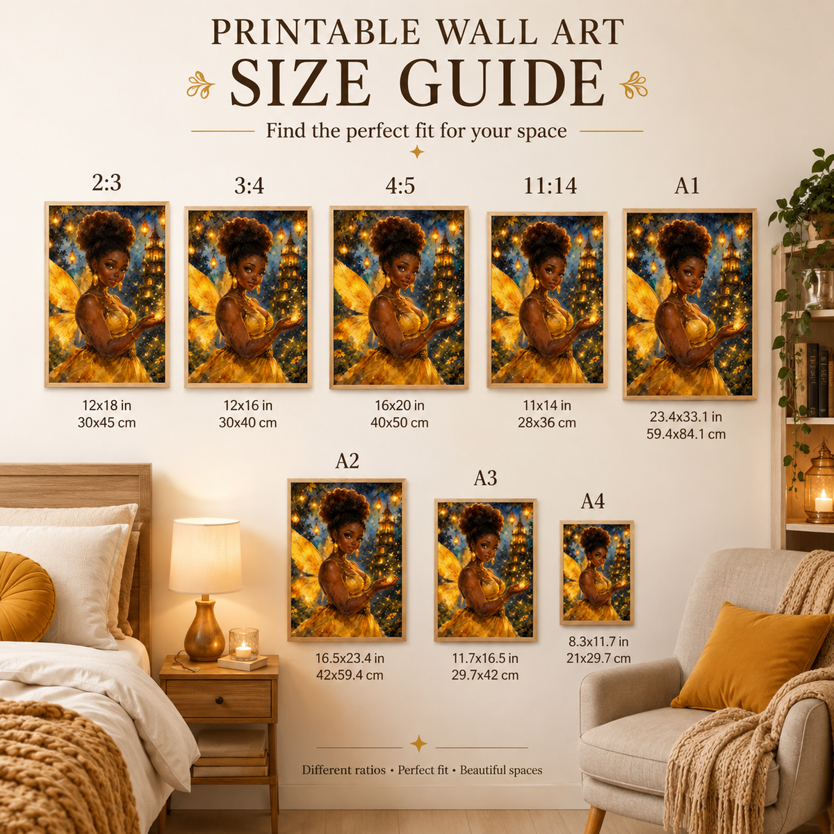 Golden Black Fairy Wall Art In Watercolor Fantasy Print, image 3