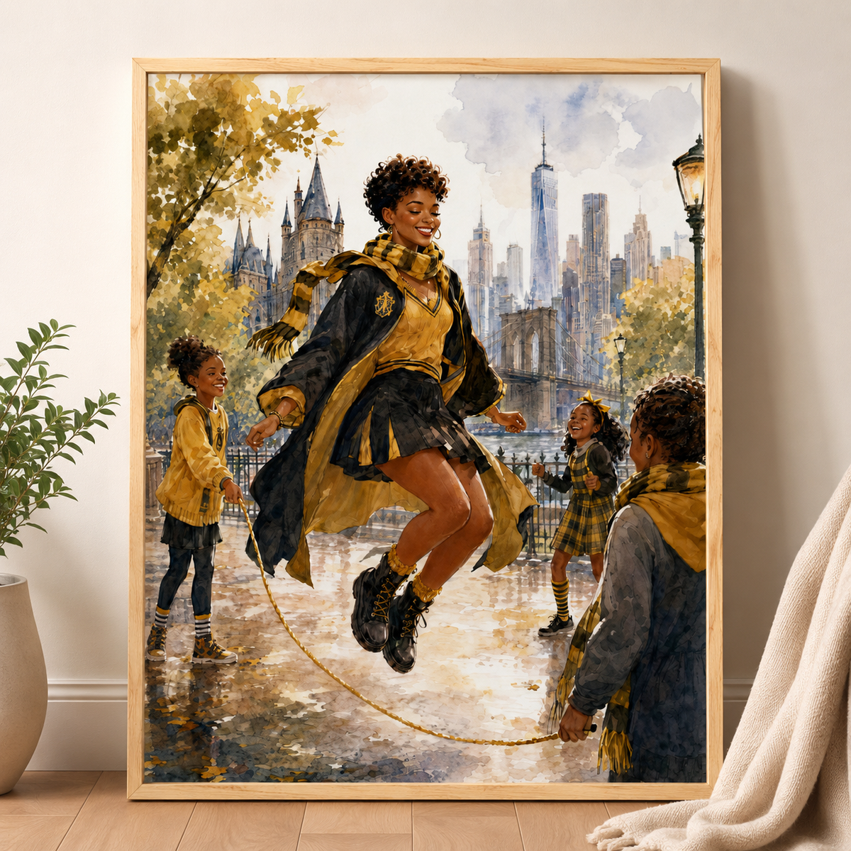 Magical Yellow Academy Black Woman Scholar with the Joy of the NYC Skyline – Watercolor Painting, image 4