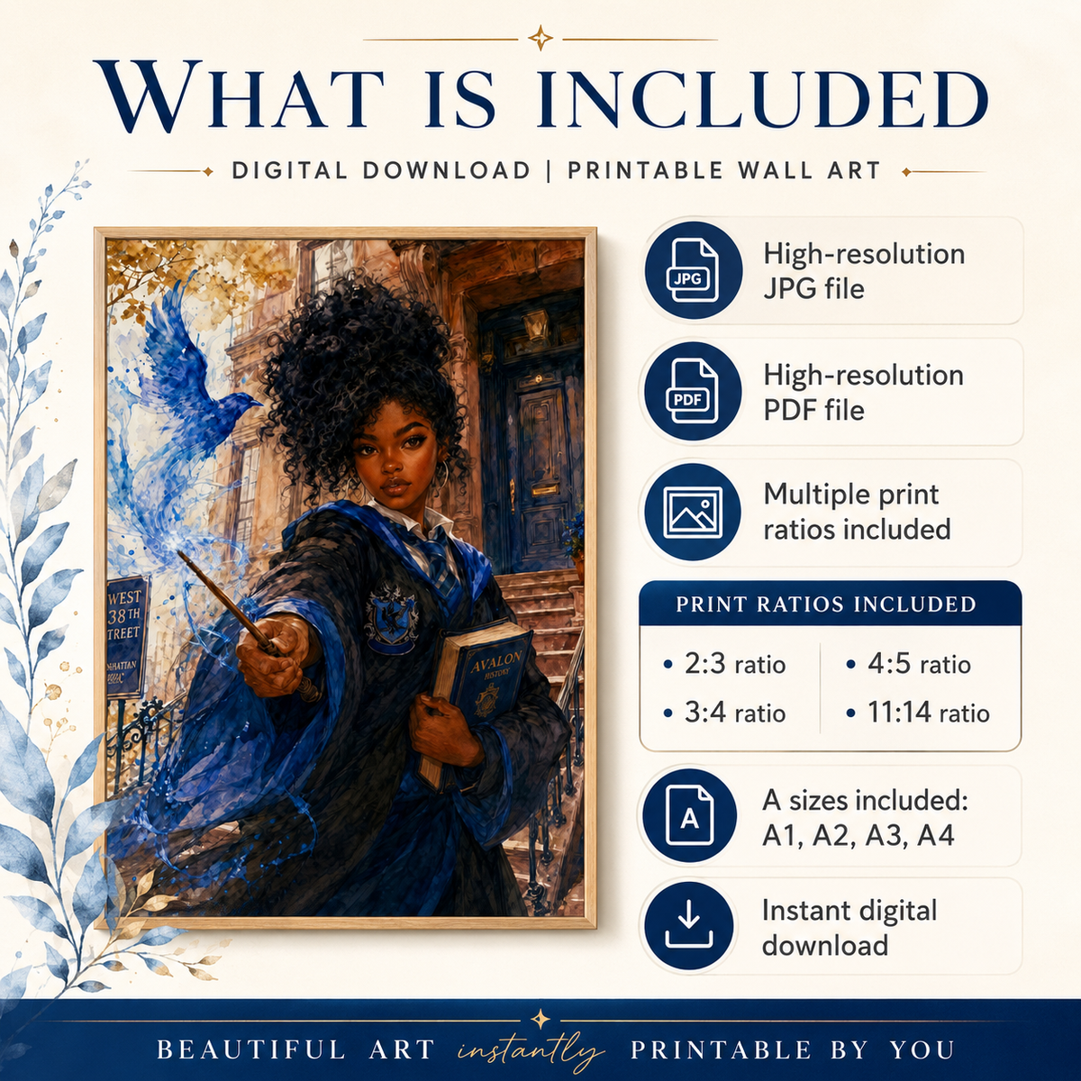 Magical Blue Academy Black Woman Scholar with NYC Flair – Watercolor Painting, image 5