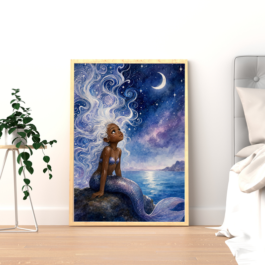 Black Mermaid Wall Art Of Young Mermaid Under the Moonlight